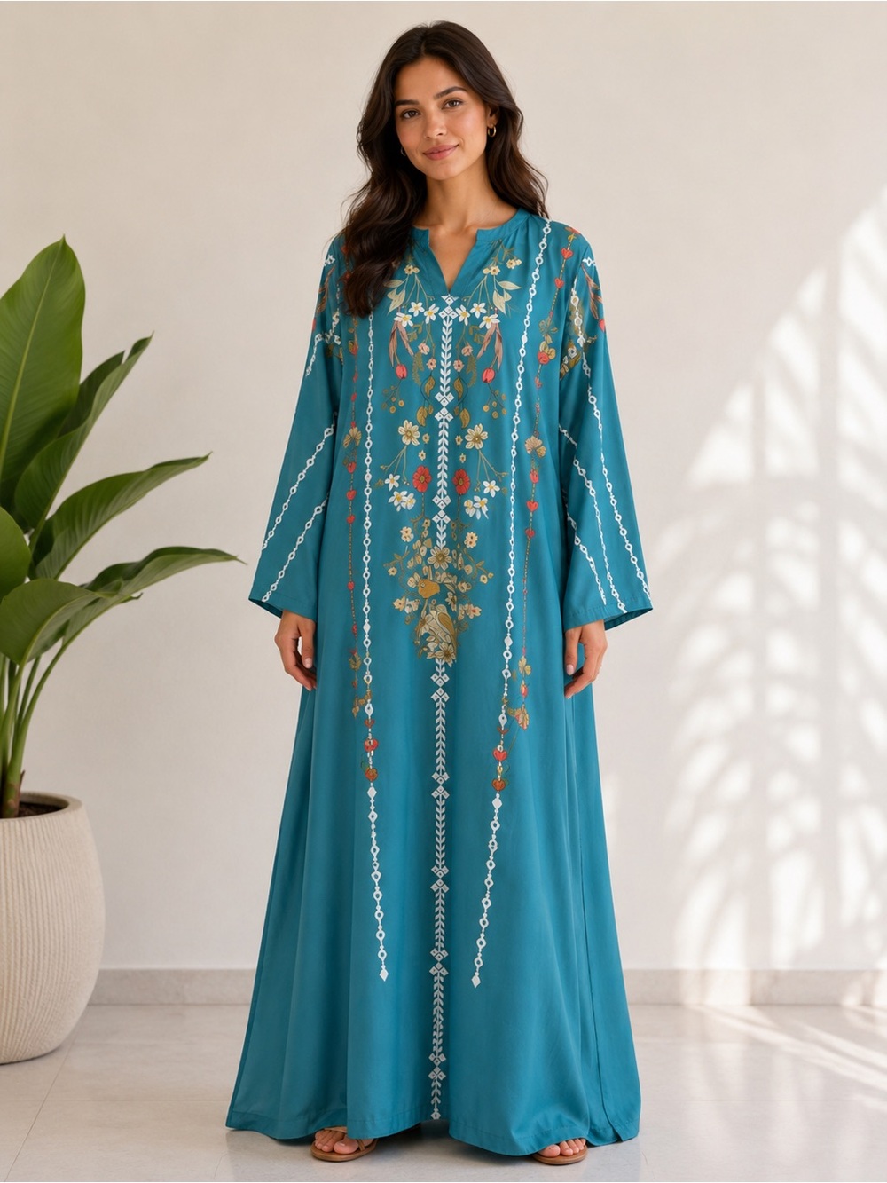 NWT Embroidered Teal Kaftan Maxi Dress with Floral Detail
